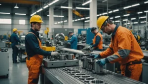 Workers in a manufacturing facility producing bearings